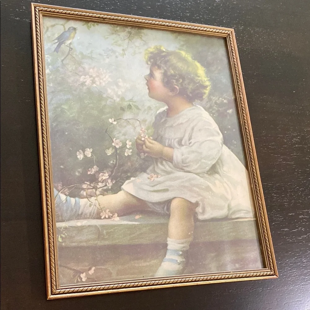 “Song Of The Bluebird” OLD Gold Framed Child and Bird Wall Art!